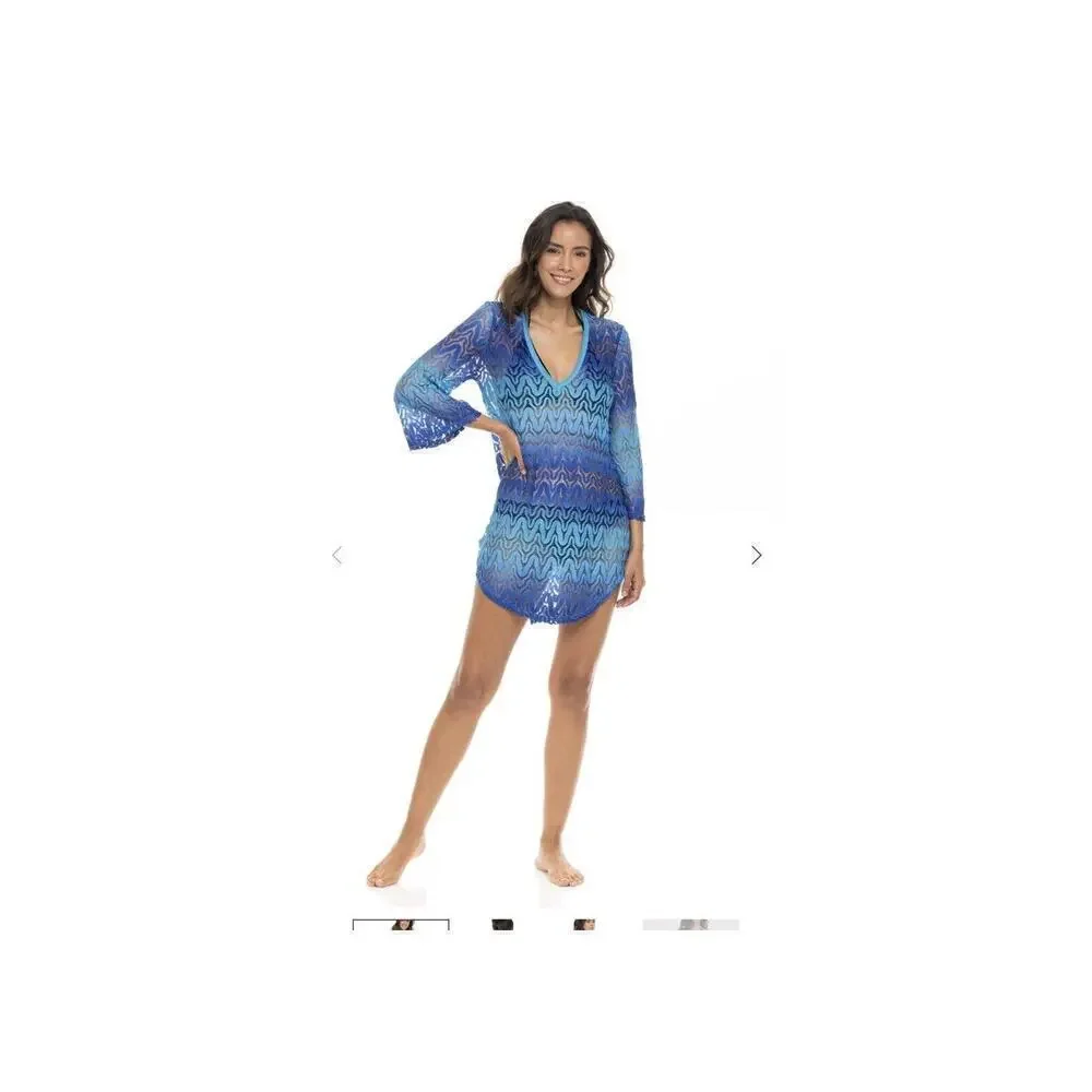 Jordan Taylor Sheer Knit Coverup Tunic Mini Dress Medium M Blue Green White
